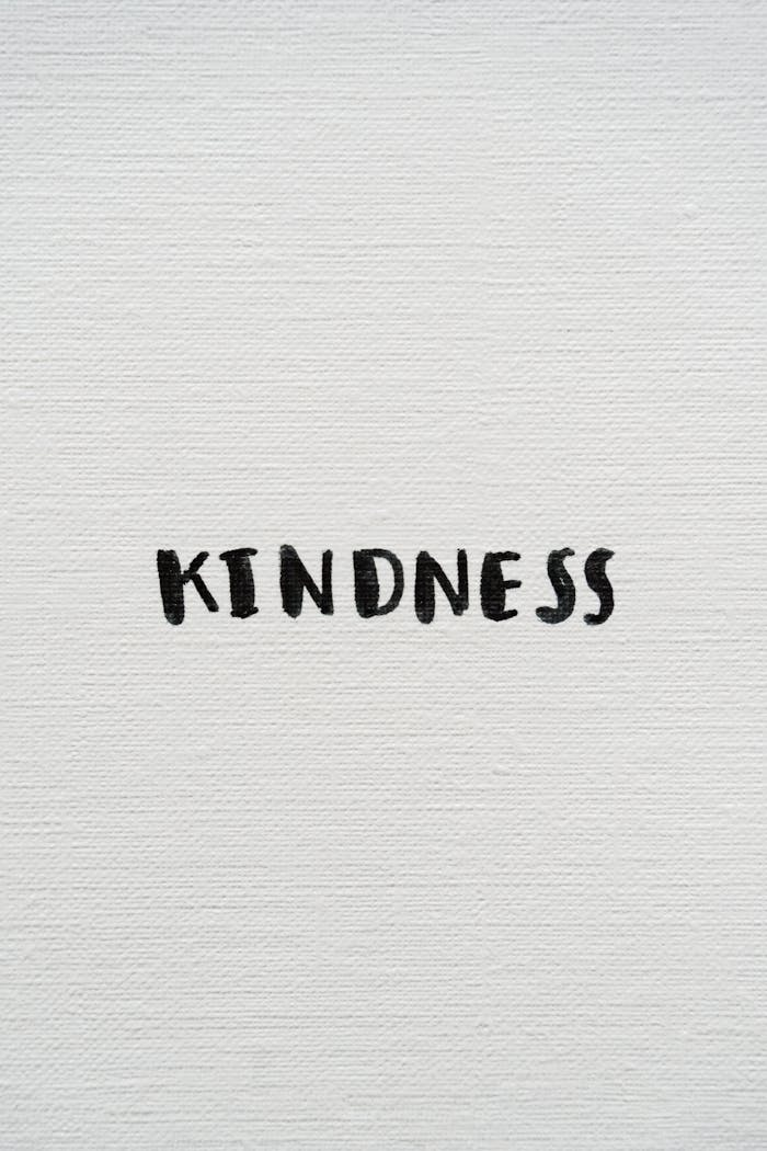 Minimalist art featuring the word 'Kindness' in bold black typography on a textured white background.